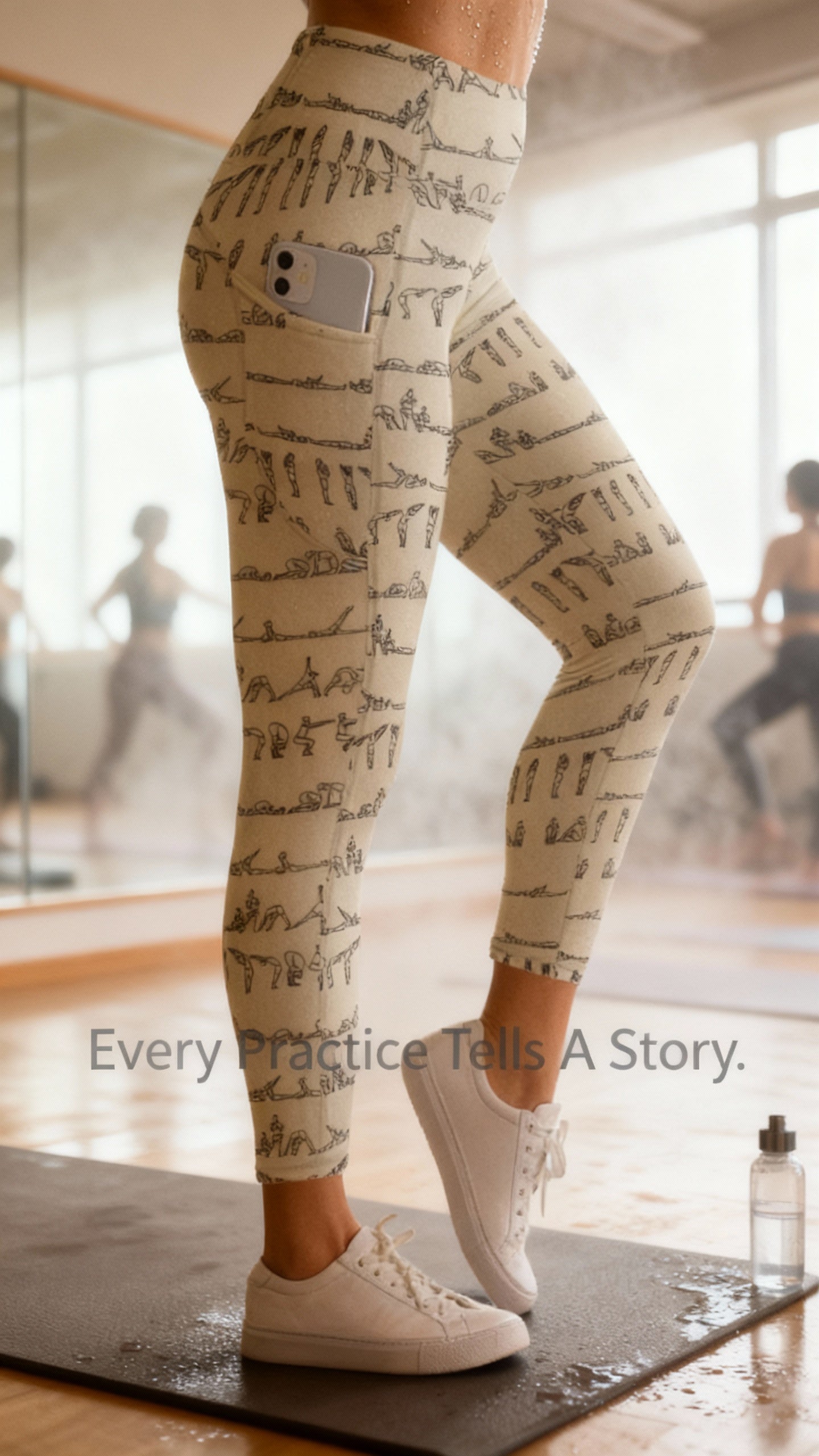 Person wearing patterned leggings with a fitness studio background
