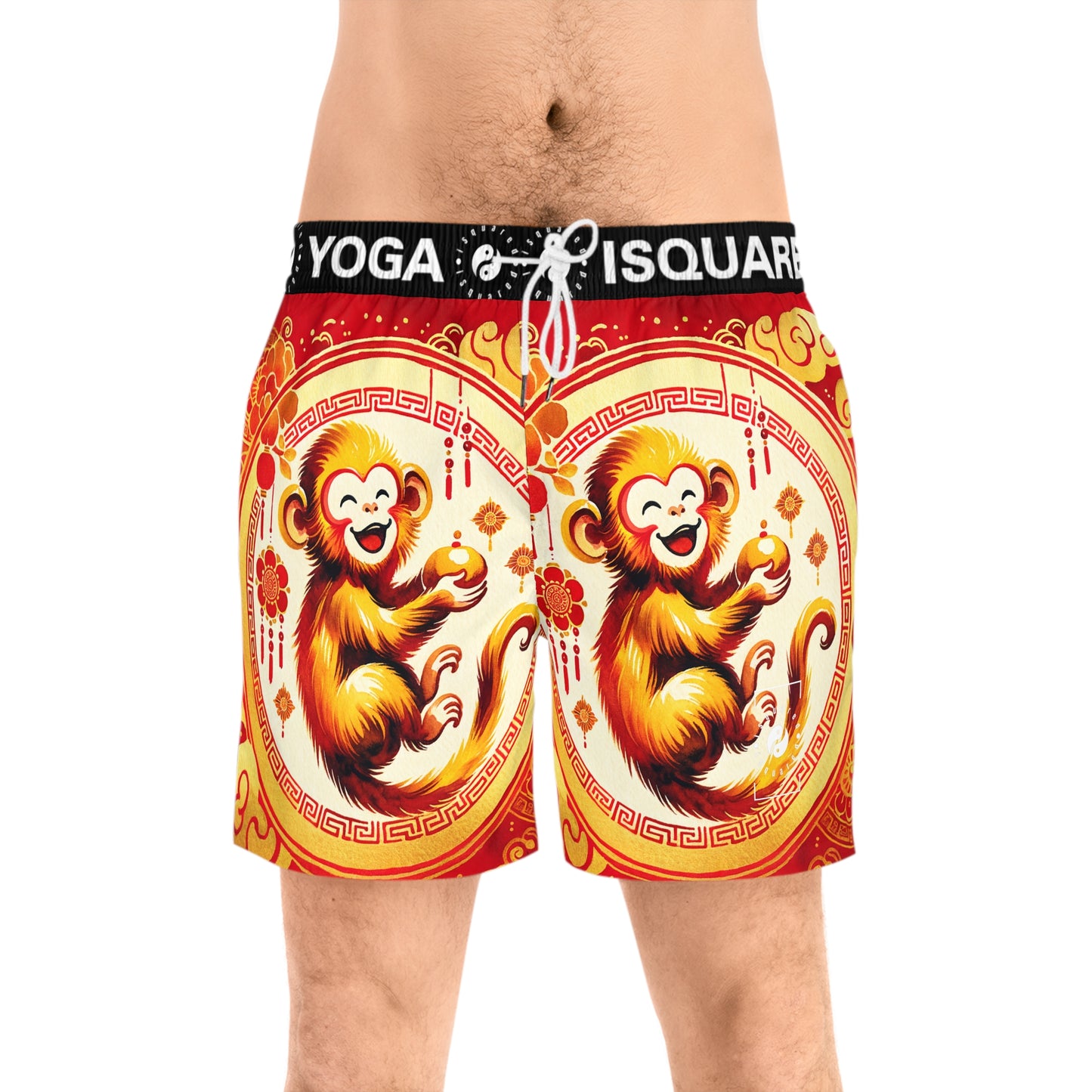 "Golden Simian Serenity in Scarlet Radiance" - Swim Shorts (Mid-Length) for Men