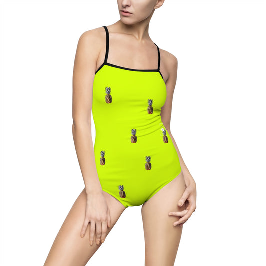 #D7FF11 Sharp Yellow + Pineapple - Openback Swimsuit