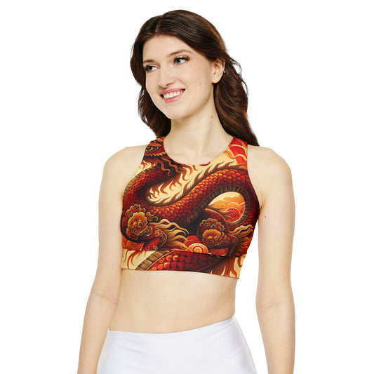 "Golden Dragon Dance in the Crimson Twilight" - Lined & Padded Sports Bra