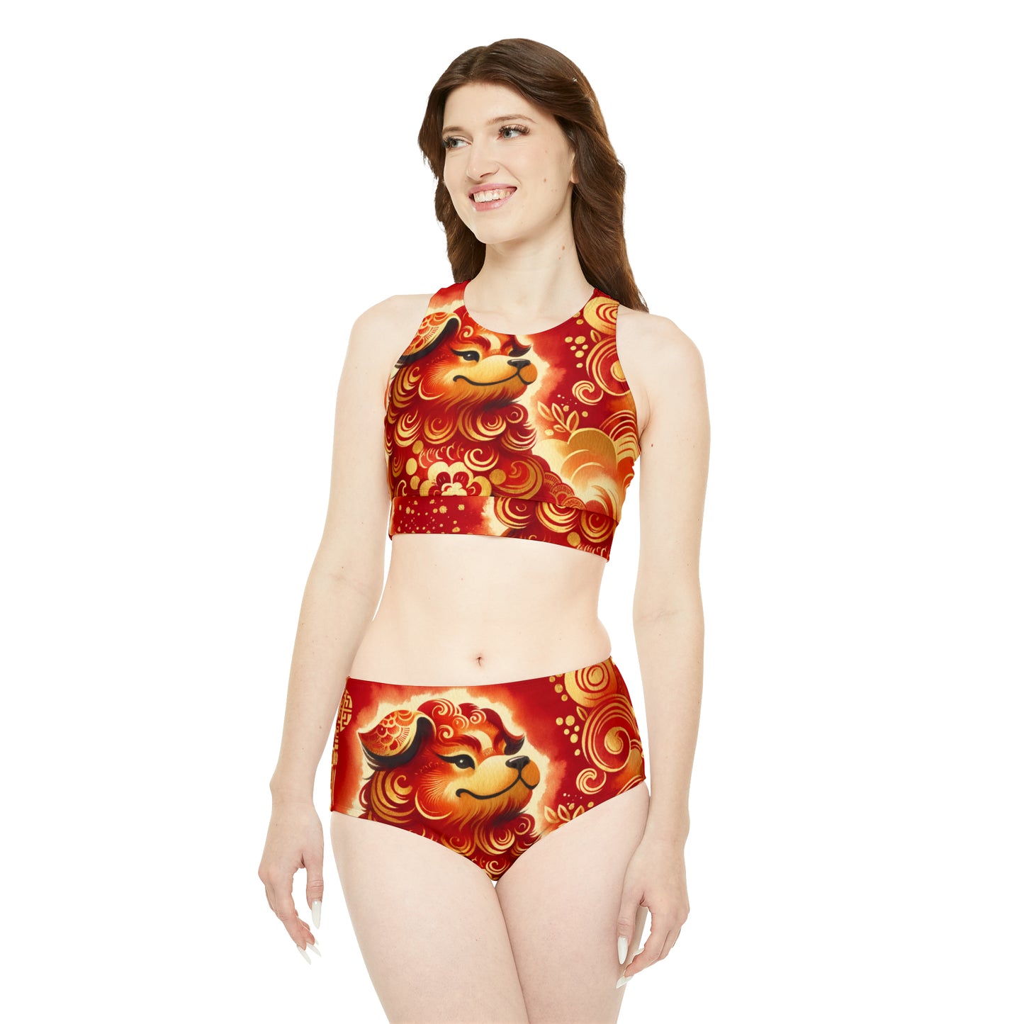 "Golden Canine Emissary on Crimson Tide: A Chinese New Year Odyssey" - Hot Yoga Bikini Set