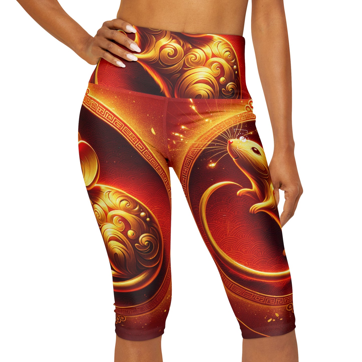 "Émissaire d'or : hommage du Nouvel An lunaire" - Leggings Capri taille haute