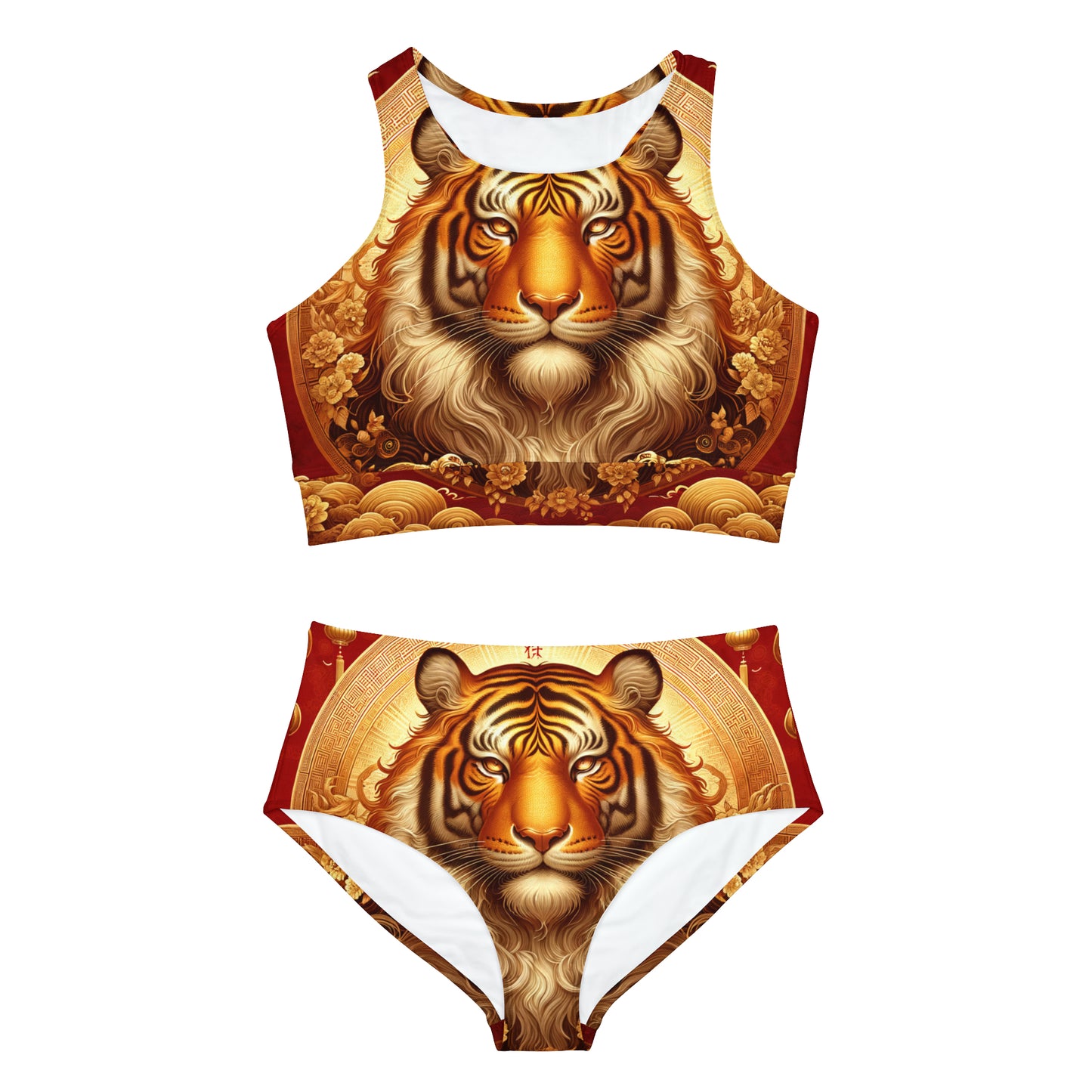 "Majesté dorée : Ascension du Tigre Lunaire" - Ensemble de bikini Hot Yoga 