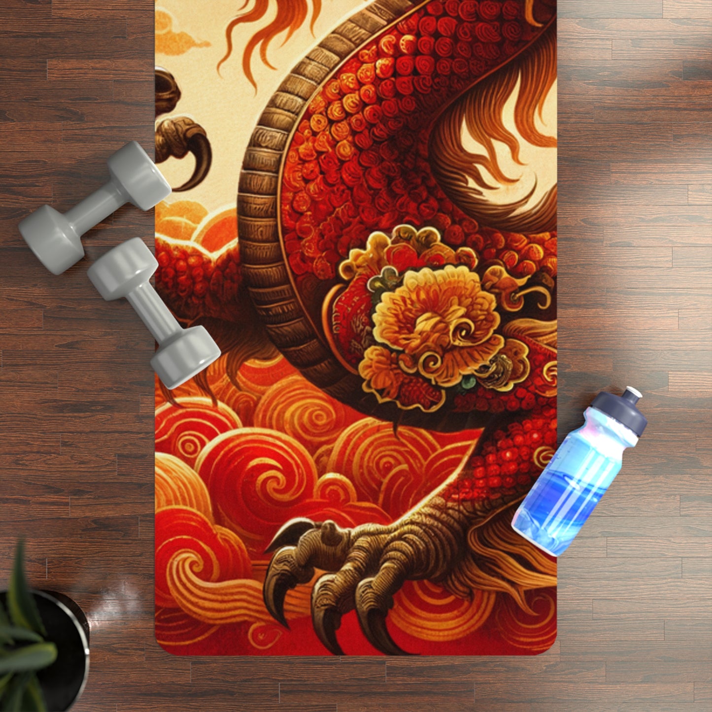 "Golden Dragon Dance in the Crimson Twilight" - Yoga Mat