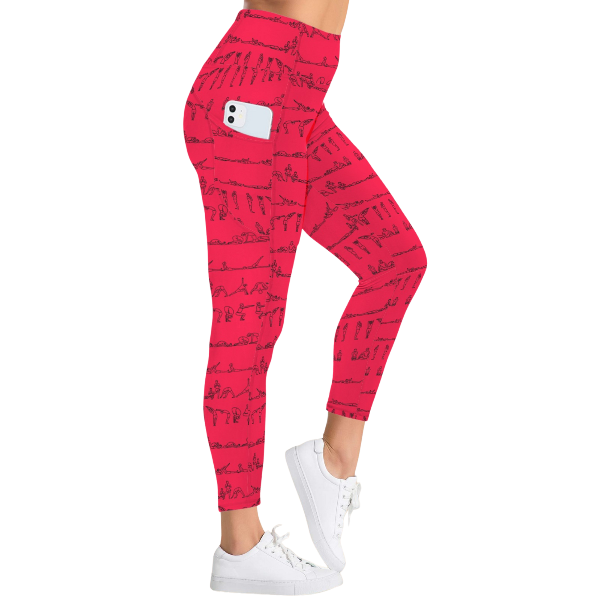 Bright pink leggings featuring a unique pattern of yoga poses, with a side pocket holding a phone, styled with white sneakers.