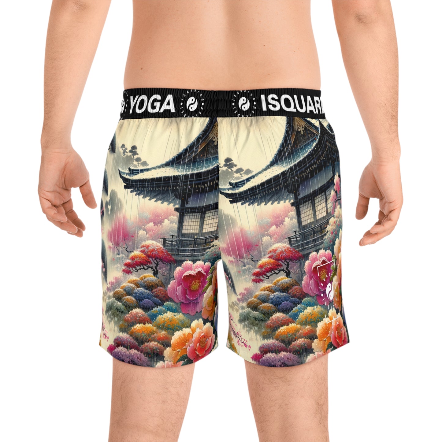 "Rain-drenched Sakura Spectrum" - Swim Shorts (Mid-Length) for Men
