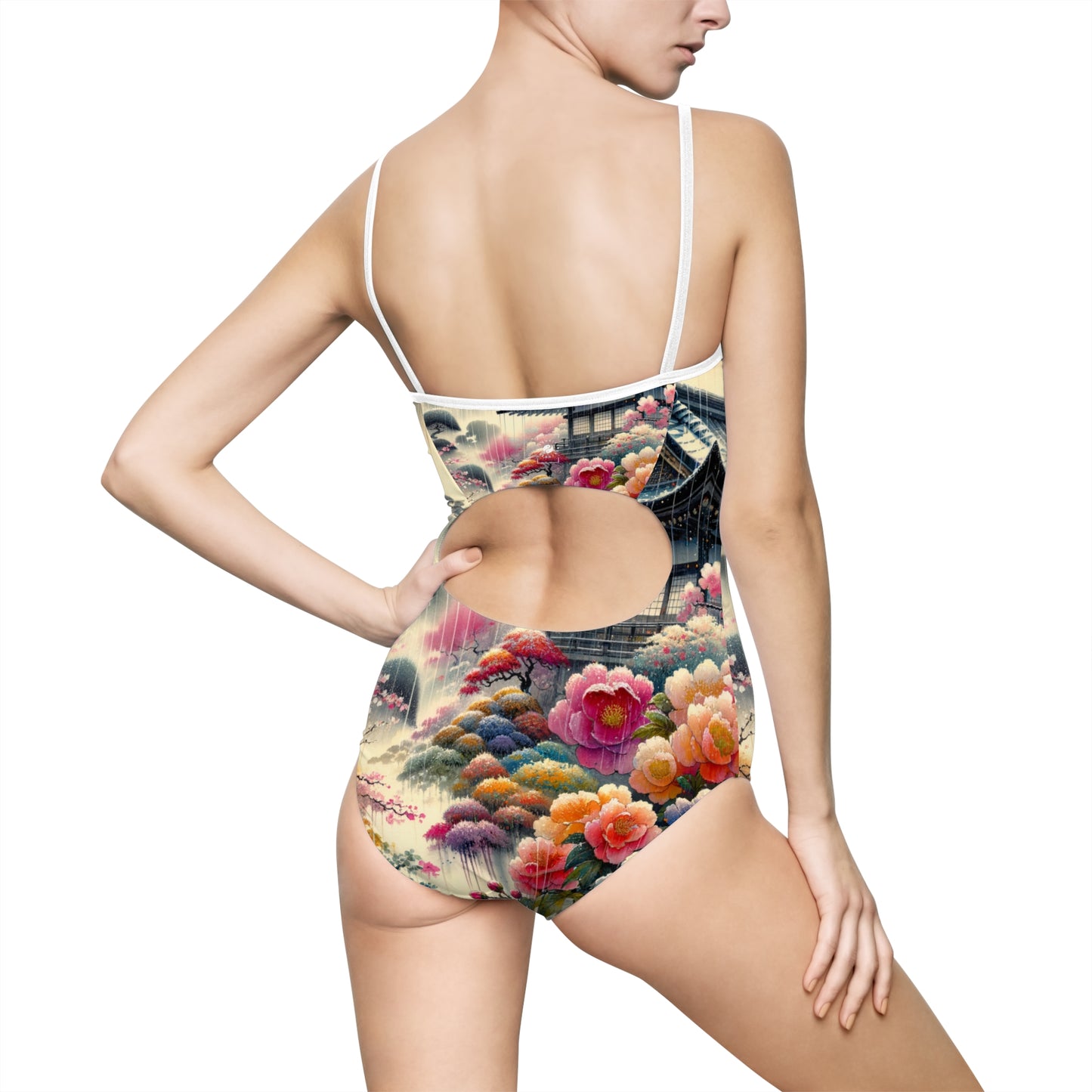 "Rain-drenched Sakura Spectrum" - Openback Swimsuit