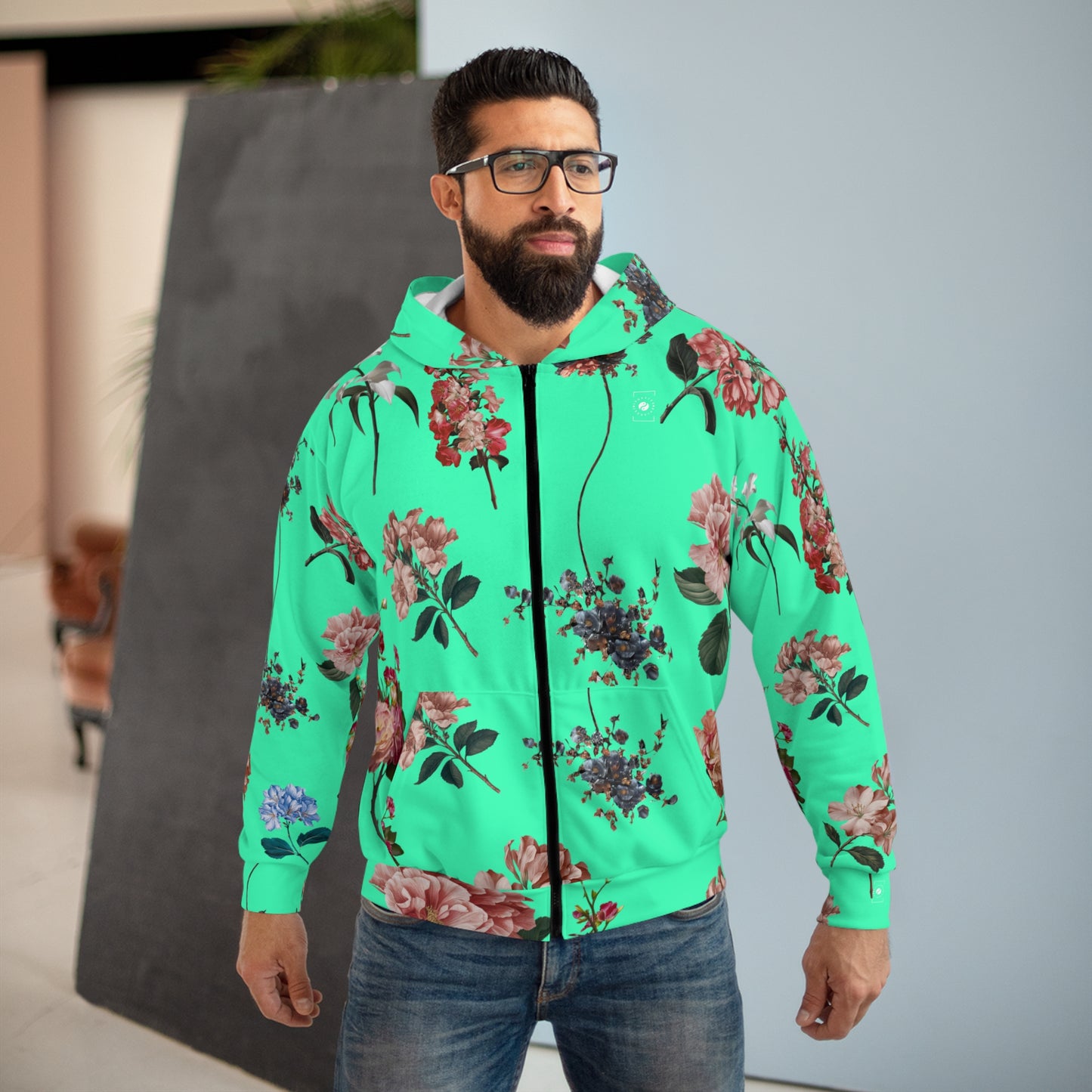 Botanicals on Turquoise - Zip Hoodie