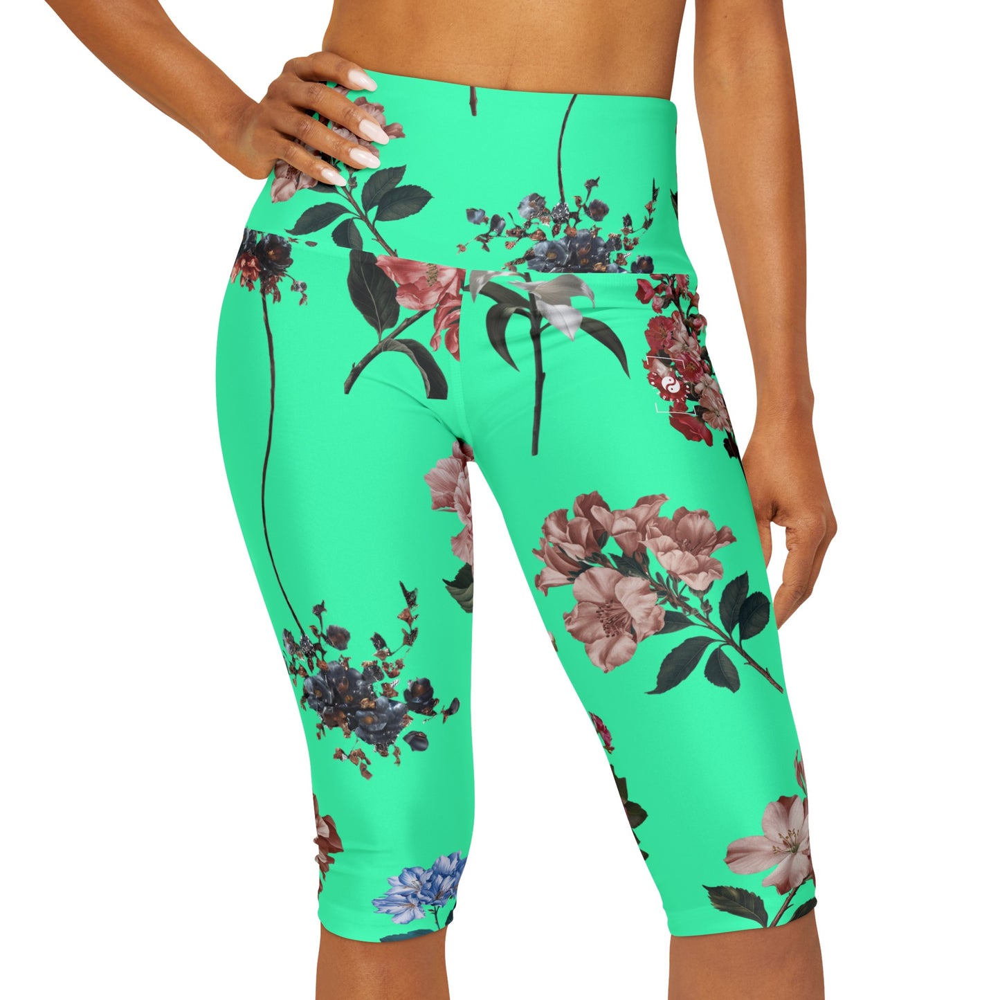 Botanicals on Turquoise - High Waisted Capri Leggings