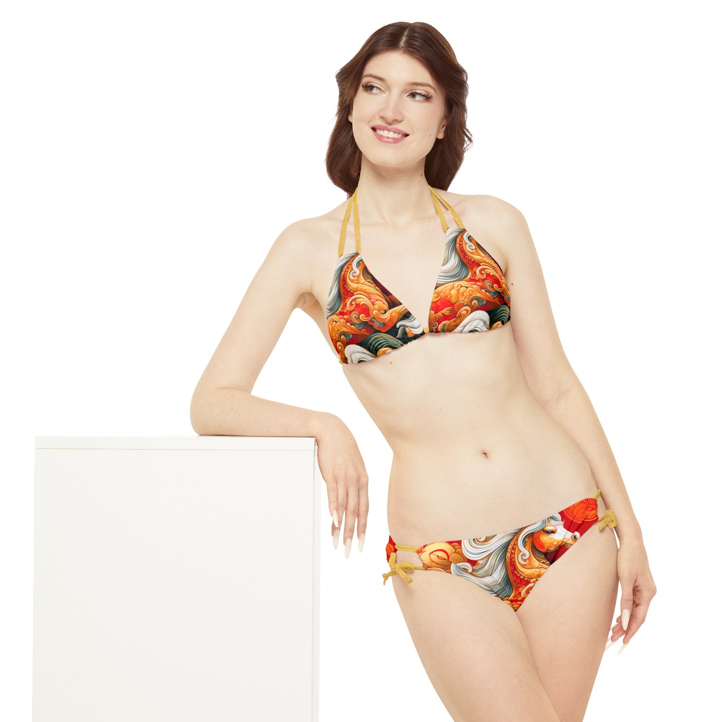 "Gold Gallop on Vermilion Vista: A Lunar New Year’s Ode" - Lace-up Bikini Set