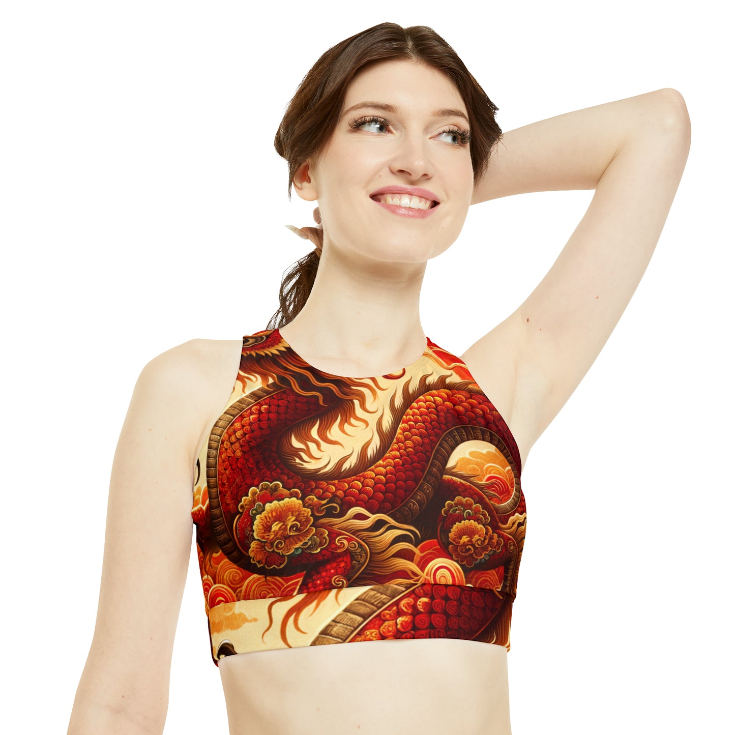 "Golden Dragon Dance in the Crimson Twilight" - High Neck Crop Top