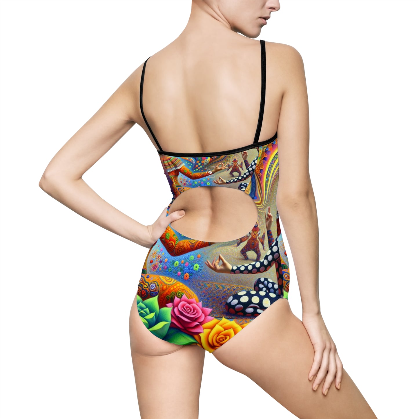 "Kahlo-Kusama Blossom Asanas: A Surreal Yoga Symphony" - Openback Swimsuit