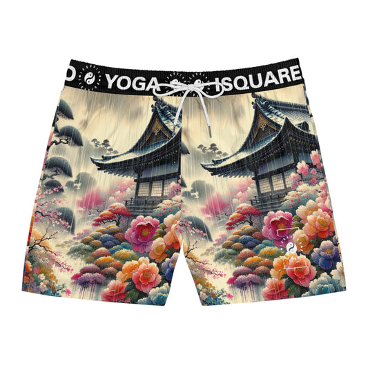 "Rain-drenched Sakura Spectrum" - Swim Shorts (Mid-Length) for Men