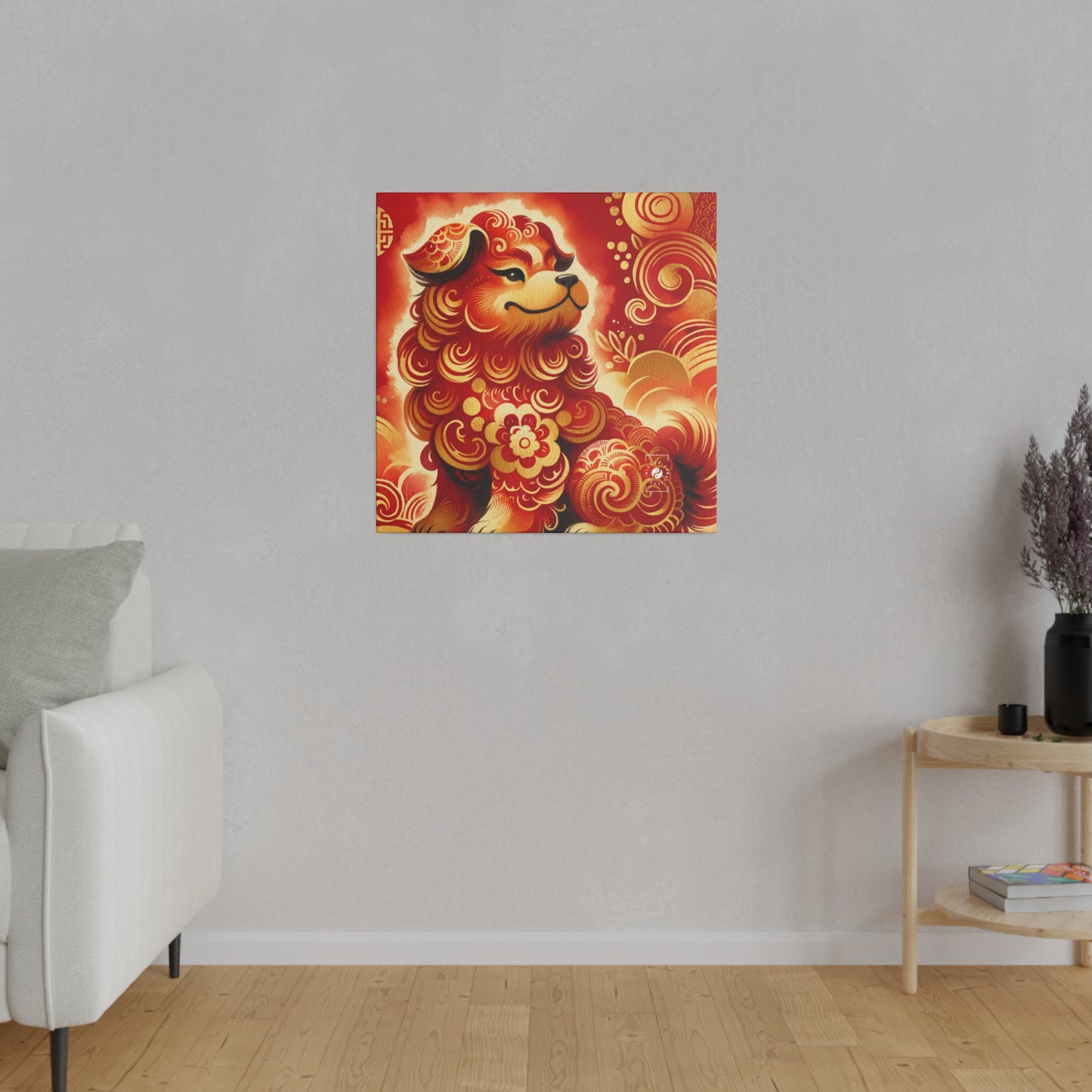 "Golden Canine Emissary on Crimson Tide: A Chinese New Year Odyssey" - Art Print Canvas