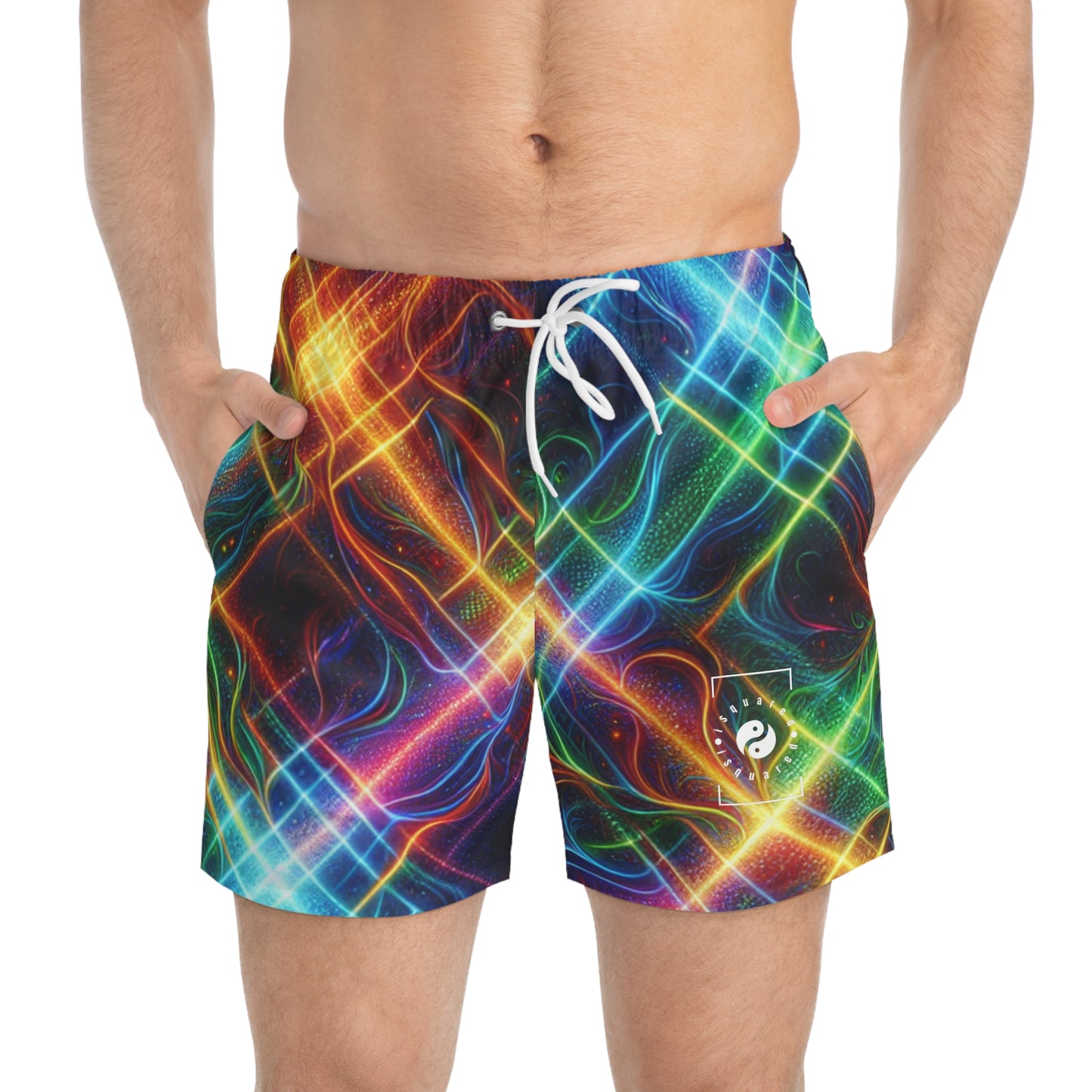 "Neon Plaid Luminosity Matrix" - Swim Trunks for Men