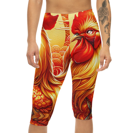 "Crimson Dawn: The Golden Rooster's Rebirth" - Capri Shorts
