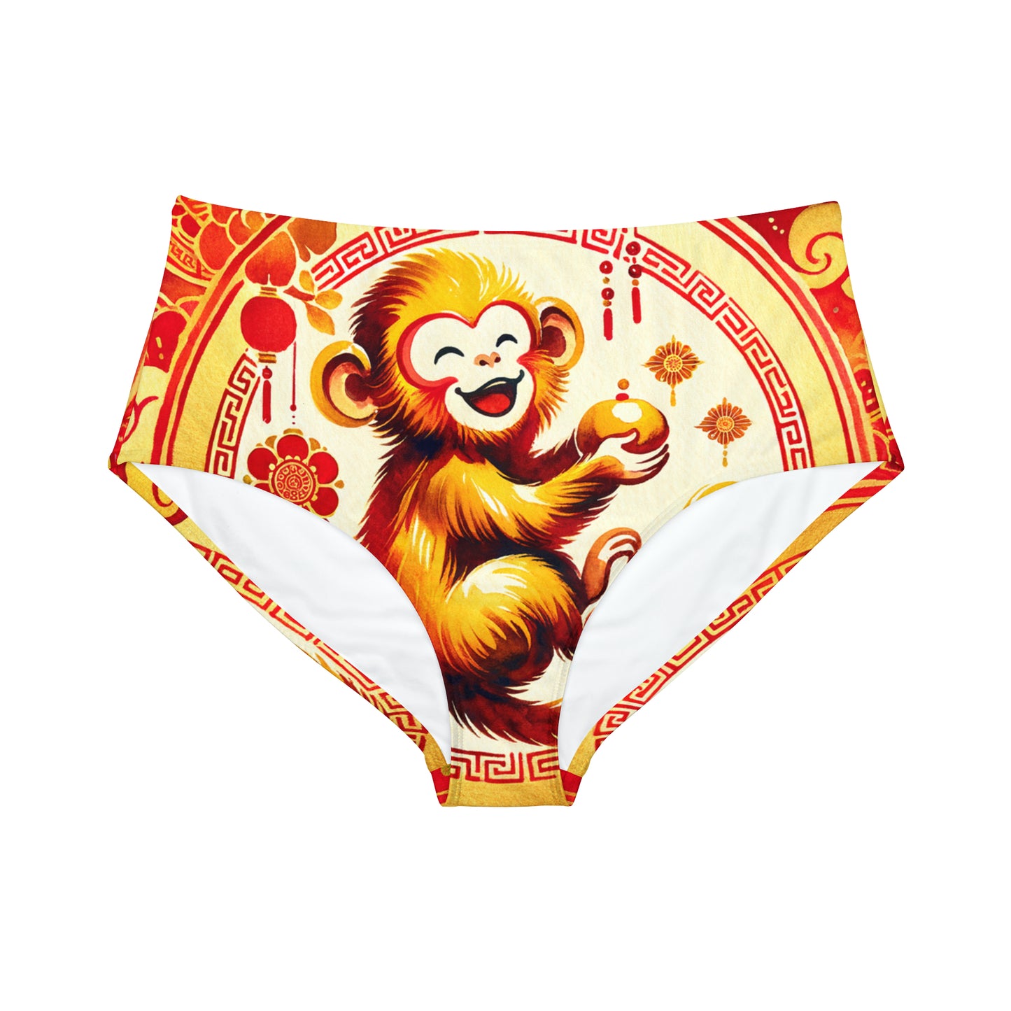 "Golden Simian Serenity in Scarlet Radiance" - High Waisted Bikini Bottom