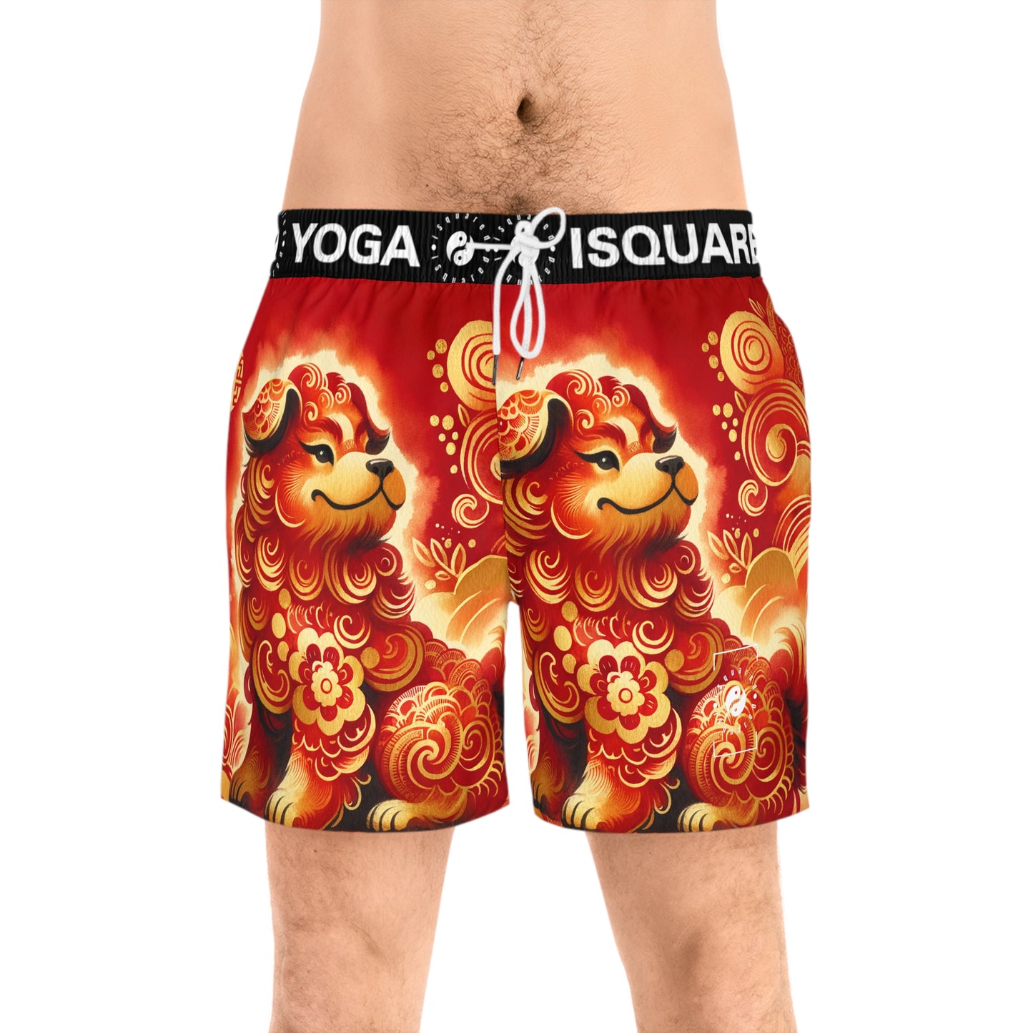 "Golden Canine Emissary on Crimson Tide: A Chinese New Year Odyssey" - Swim Shorts (Mid-Length) for Men