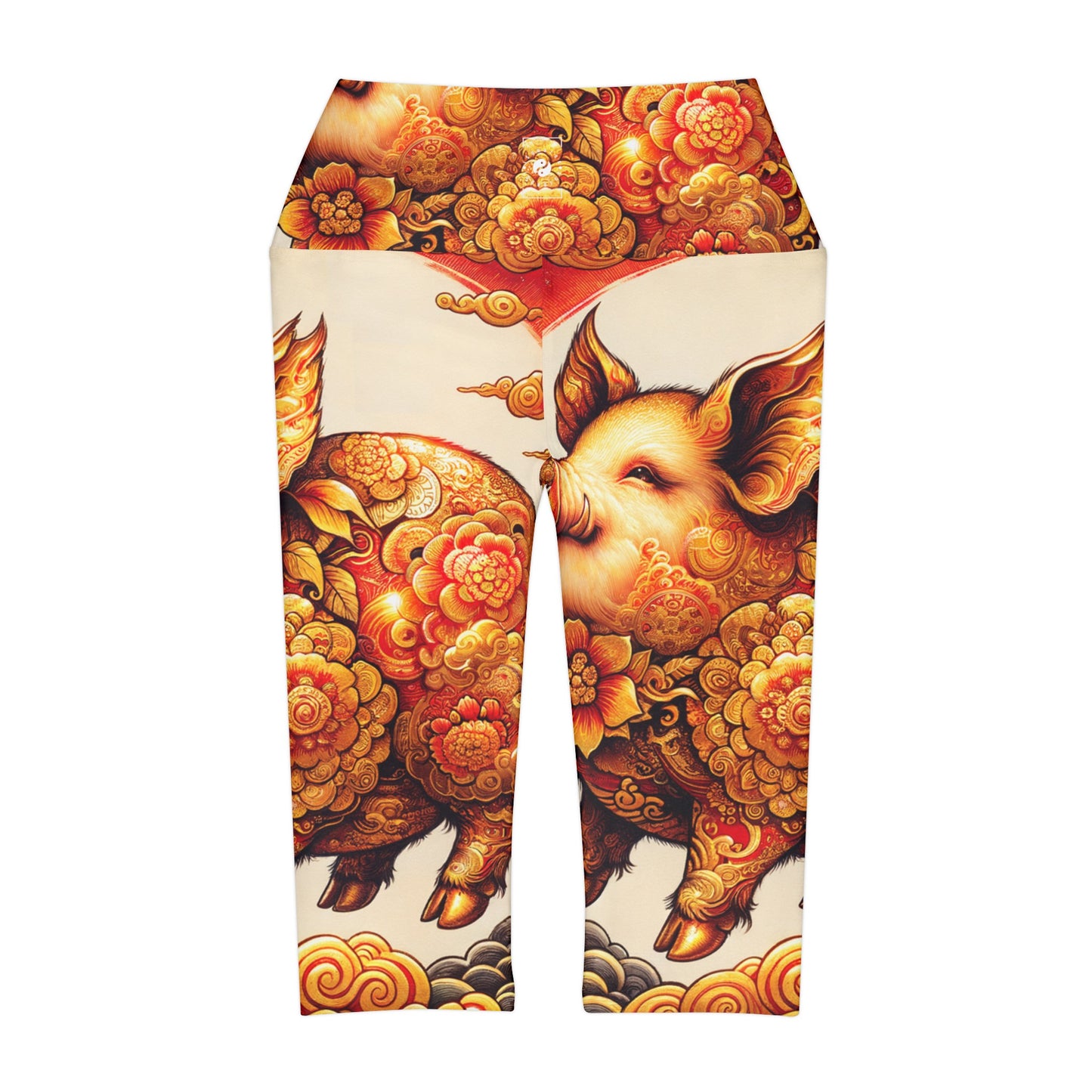 "Golden Prosperity: The Divine Swine Celebration" - High Waisted Capri Leggings