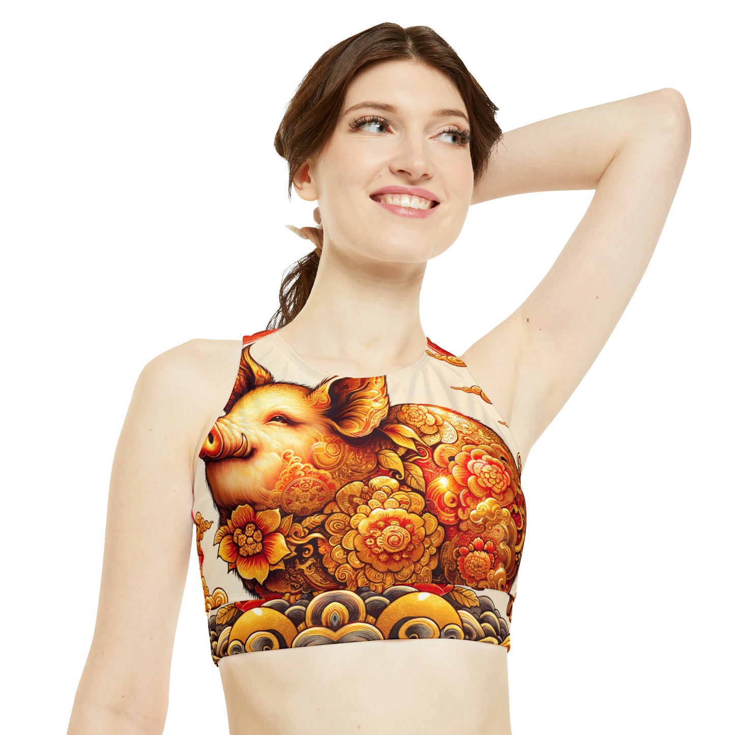 "Golden Prosperity: The Divine Boar Celebration" - High Neck Crop Top