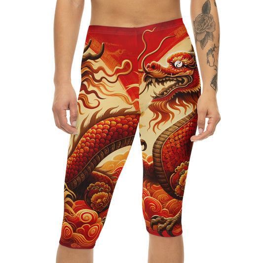 "Golden Dragon Dance in the Crimson Twilight" - Capri Shorts