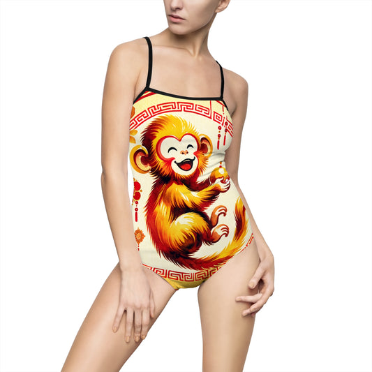 « Golden Simian Serenity in Scarlet Radiance » - Maillot de bain dos nu