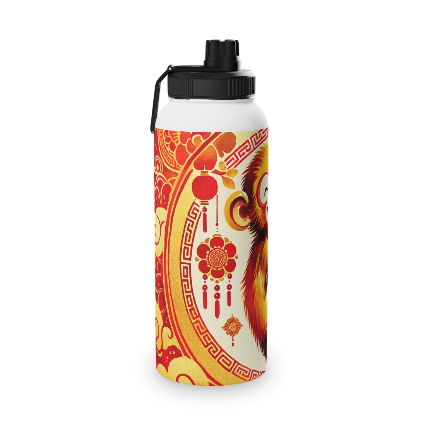 "Golden Simian Serenity in Scarlet Radiance" - Sports Water Bottle