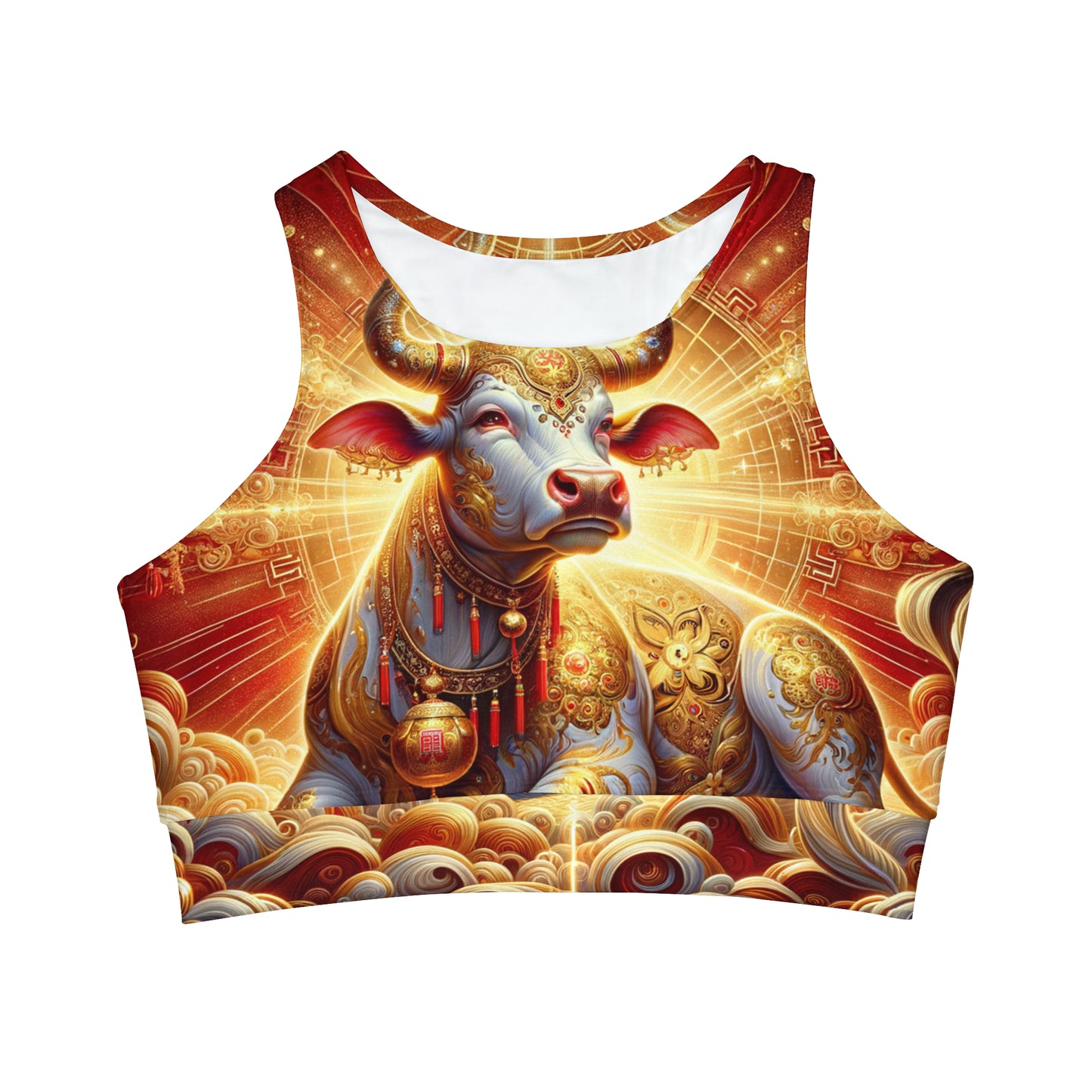 "Golden Euphoria: A Dance of the Divine Bovine" - High Neck Crop Top