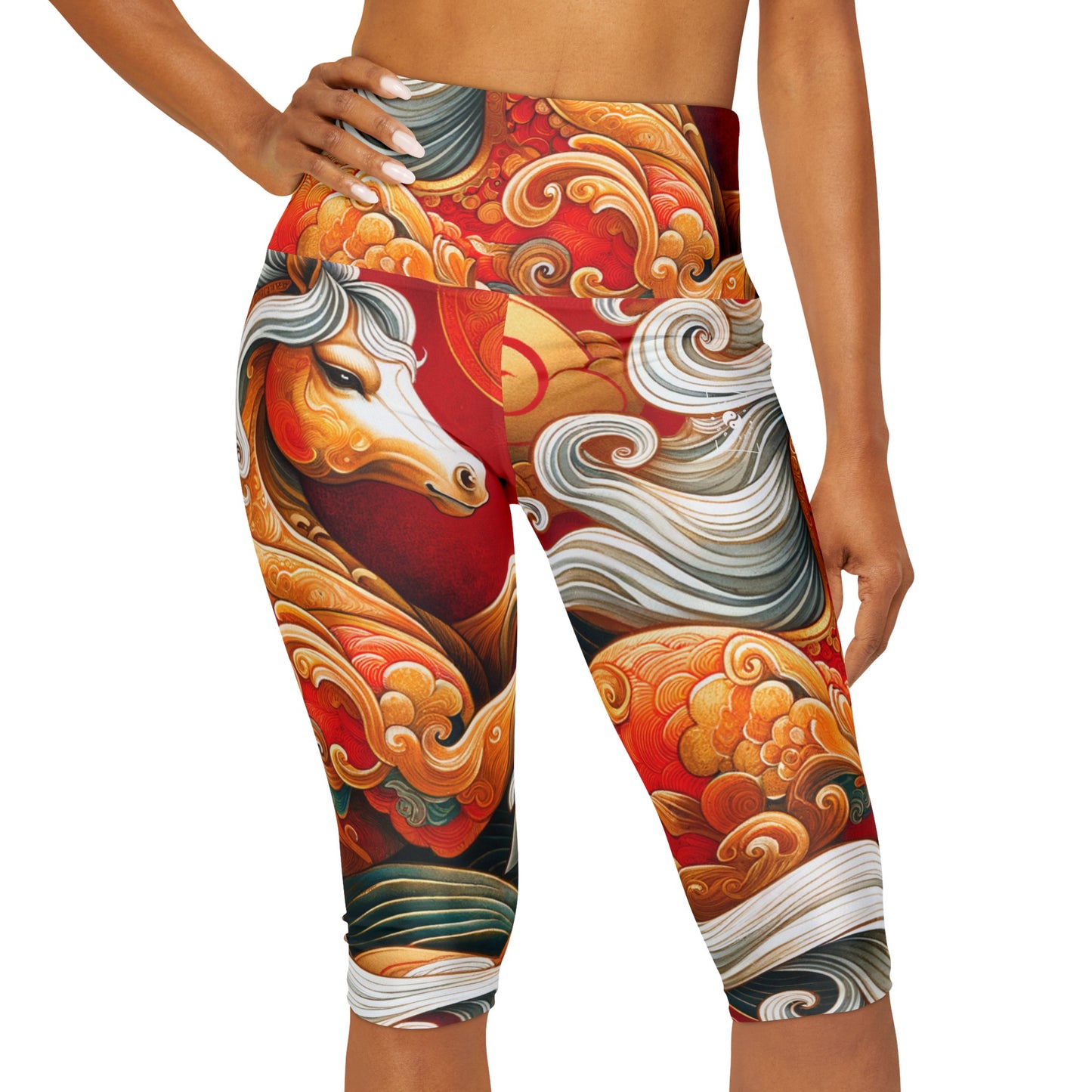 "Gold Gallop on Vermilion Vista: A Ode du Nouvel An lunaire" - Leggings Capri taille haute