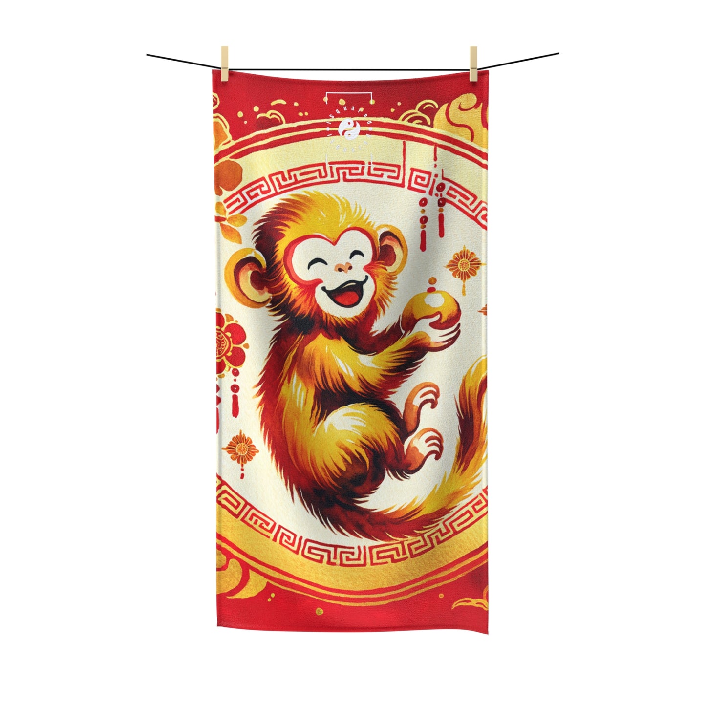 « Golden Simian Serenity in Scarlet Radiance » – Serviette de yoga tout usage