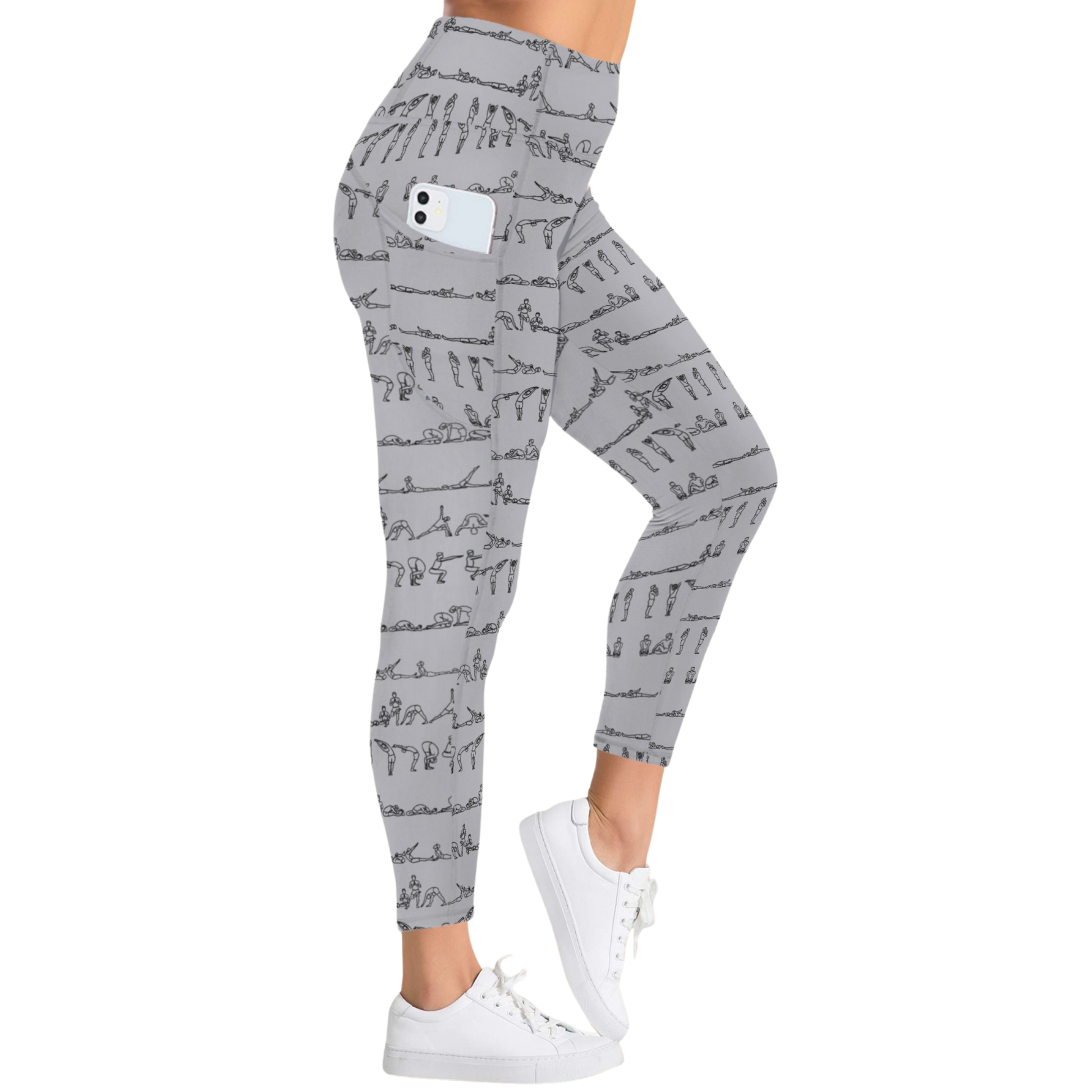 Bikram Pastel iSquared Pocket Leggings in soft grey with black yoga pose patterns, featuring side pockets and a high-rise waistband.