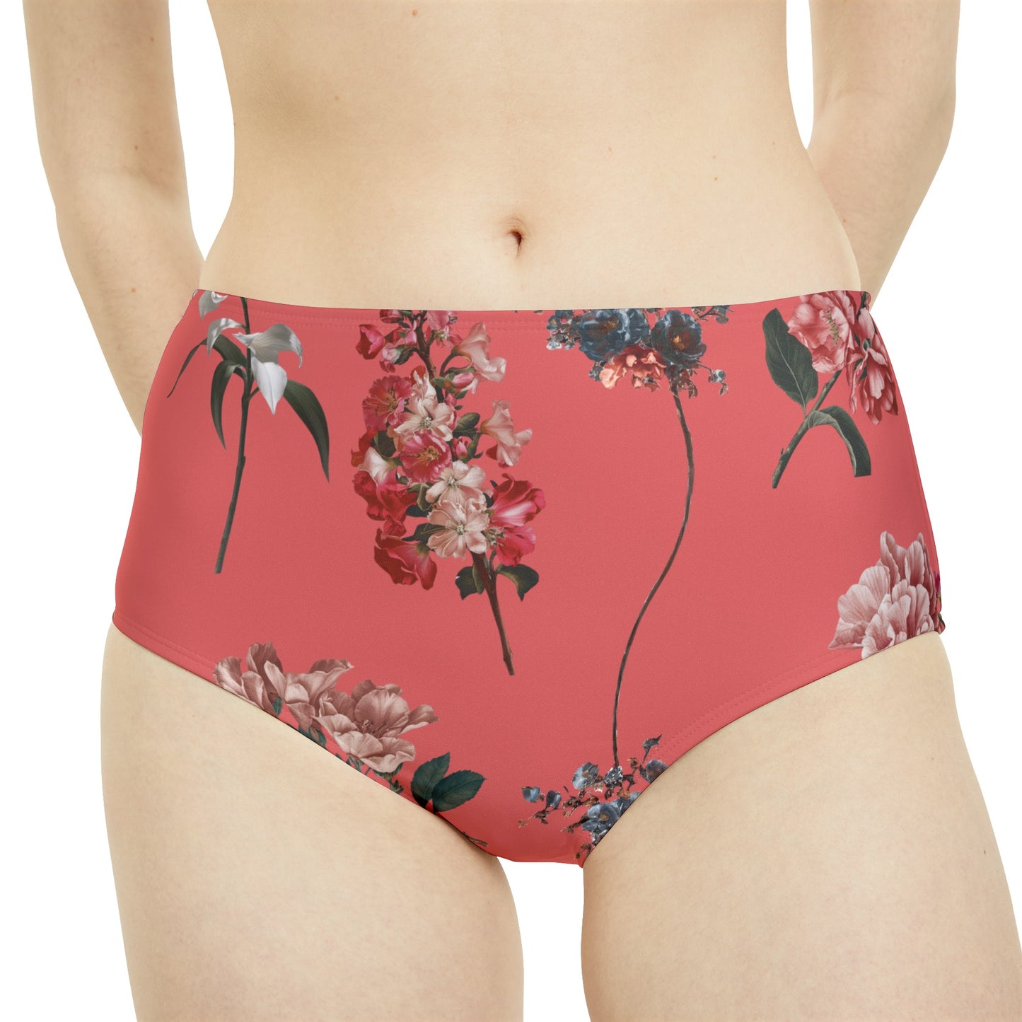 Botanicals on Coral - High Waisted Bikini Bottom