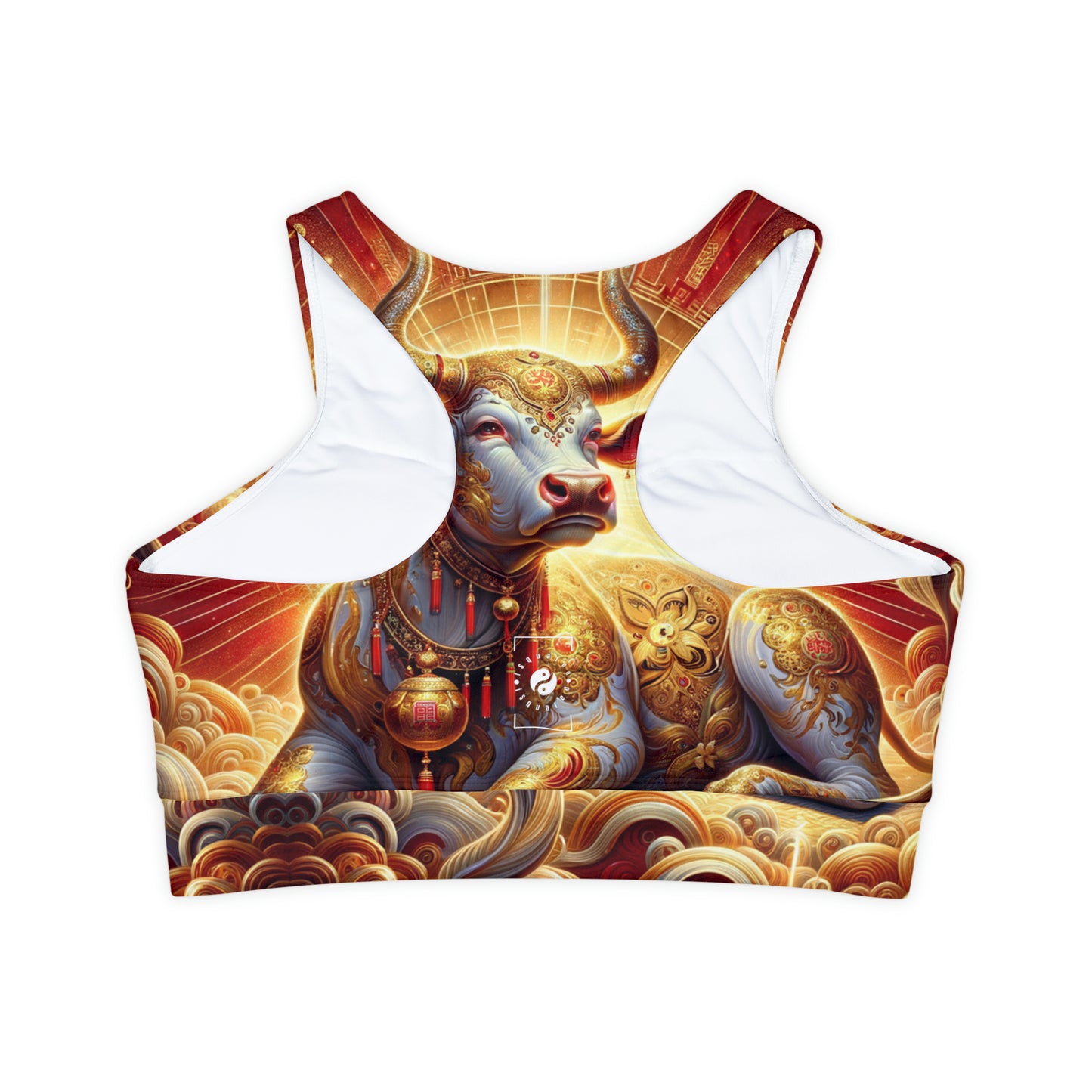 "Golden Euphoria: A Dance of the Divine Bovine" - Lined & Padded Sports Bra