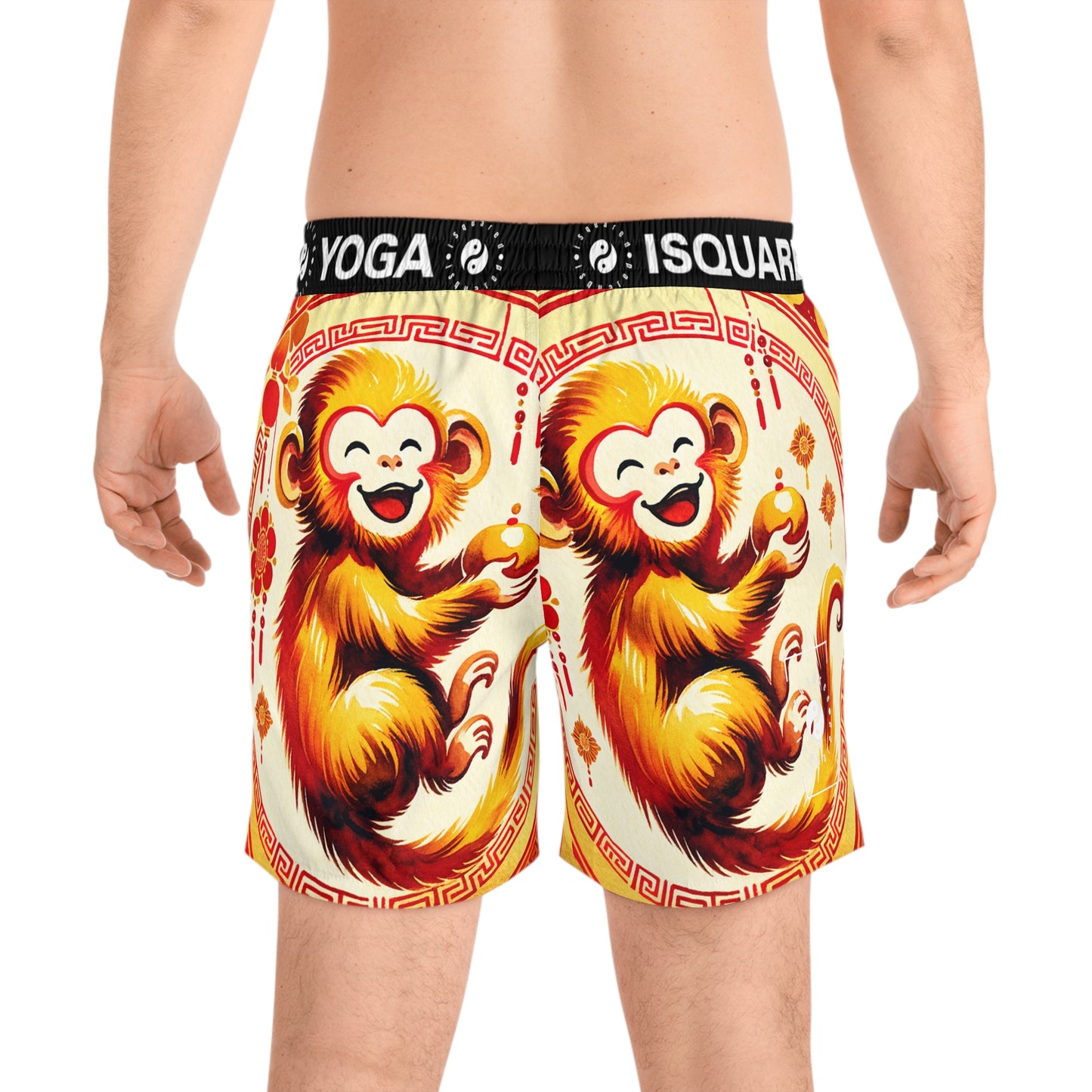 "Golden Simian Serenity in Scarlet Radiance" - Swim Shorts (Mid-Length) for Men