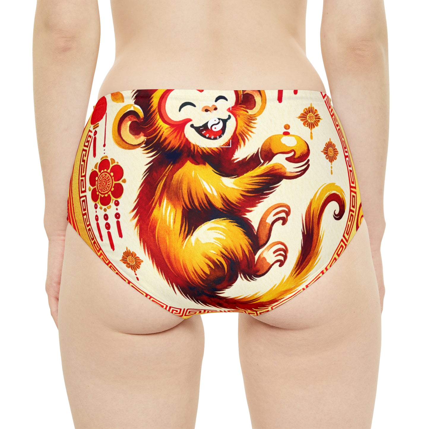 "Golden Simian Serenity in Scarlet Radiance" - High Waisted Bikini Bottom