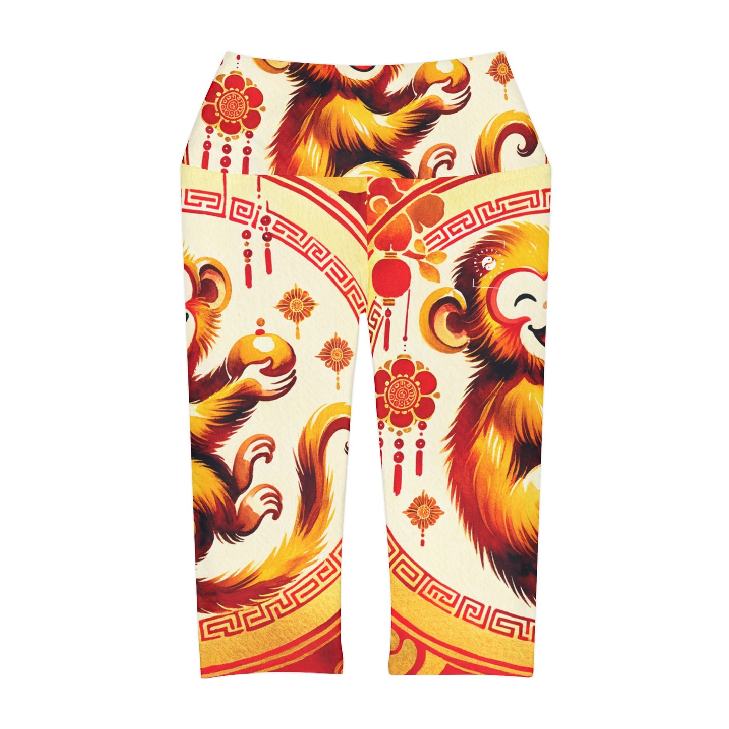 "Golden Simian Serenity in Scarlet Radiance" - High Waisted Capri Leggings