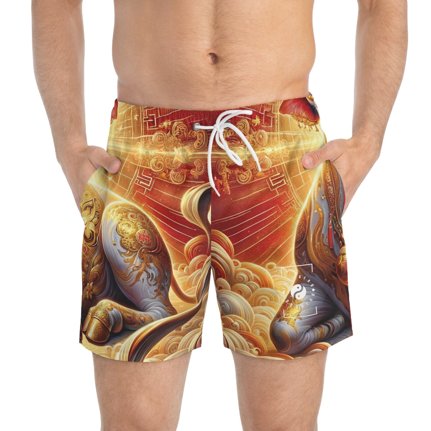 "Golden Euphoria: A Dance of the Divine Bovine" - Swim Trunks for Men