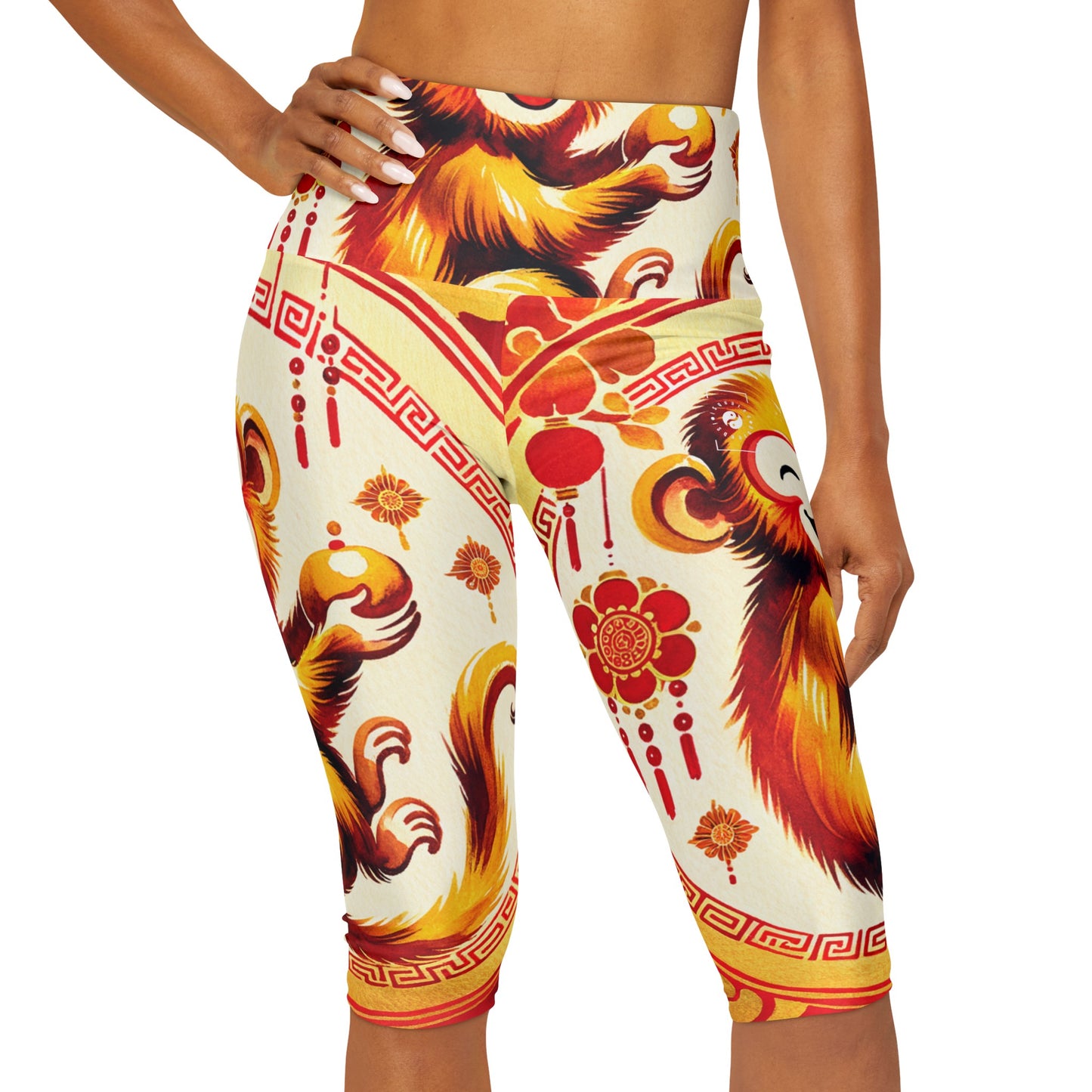 "Golden Simian Serenity in Scarlet Radiance" - High Waisted Capri Leggings