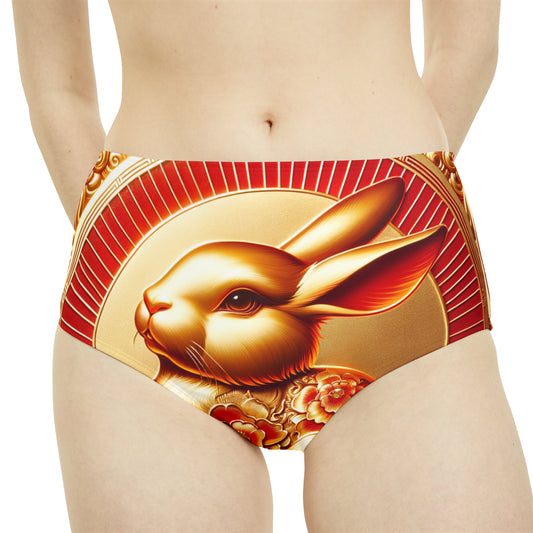 "Golden Blessings: Lunar Rabbit's Resplendence" - High Waisted Bikini Bottom