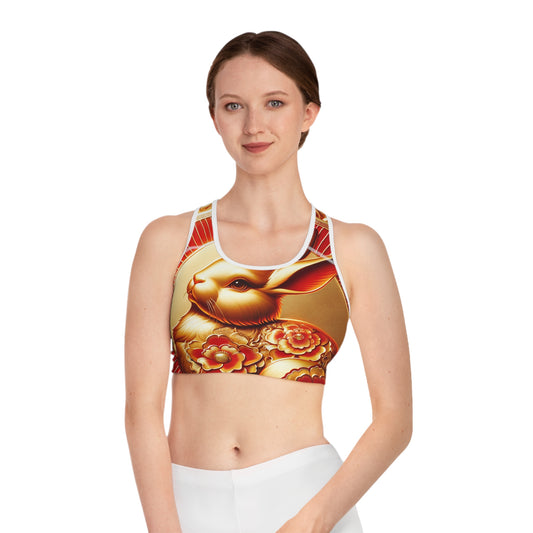 "Golden Blessings: Lunar Rabbit's Resplendence" - High Performance Sports Bra