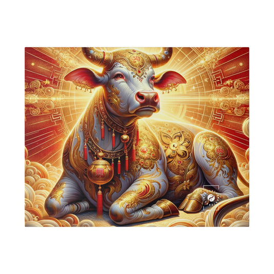 « Euphorie dorée : une danse du bovin divin » – Impression sur toile