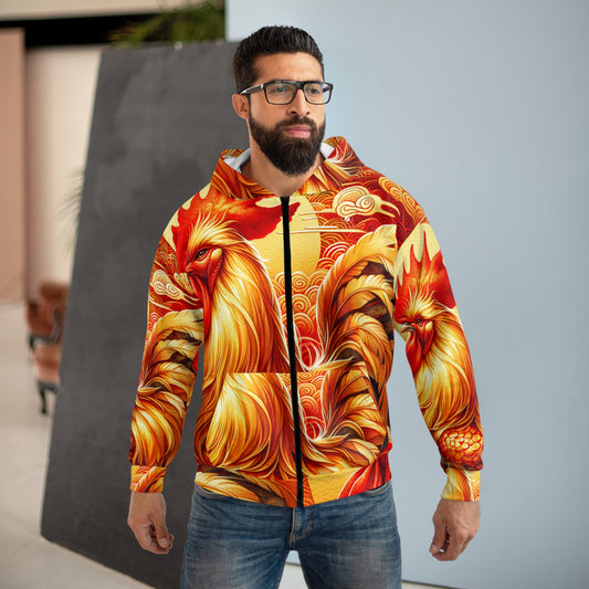 "Crimson Dawn: The Golden Rooster's Rebirth" - Zip Hoodie