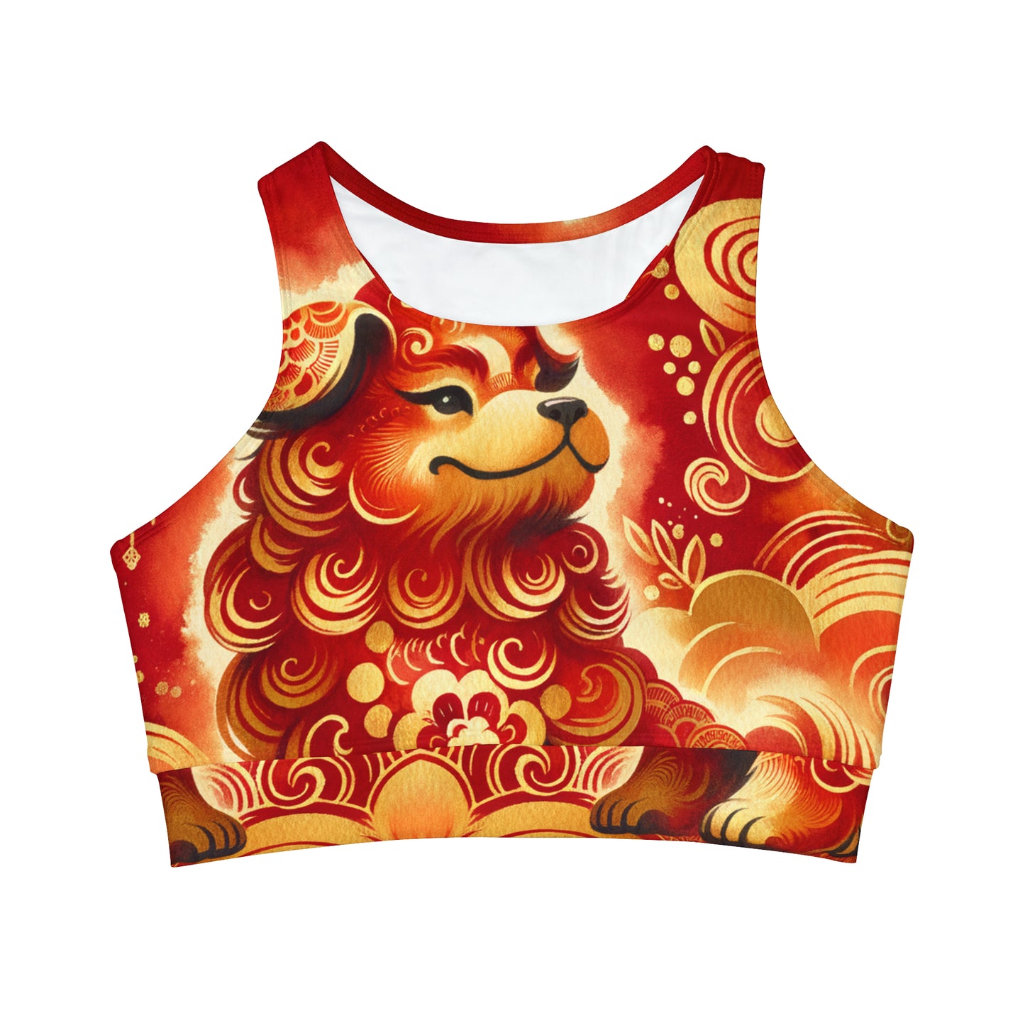 "Golden Canine Emissary on Crimson Tide: A Chinese New Year Odyssey" - High Neck Crop Top