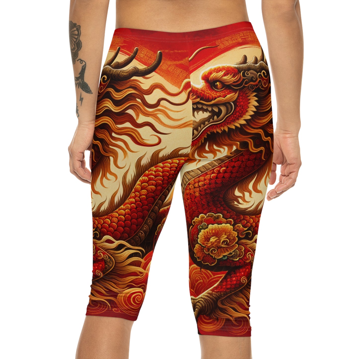 "Golden Dragon Dance in the Crimson Twilight" - Capri Shorts