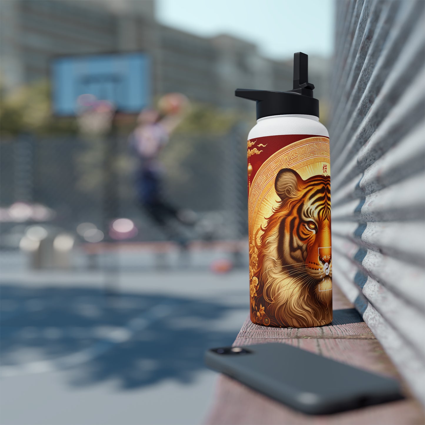 "Golden Majesty: Ascension of the Lunar Tiger" - Water Bottle