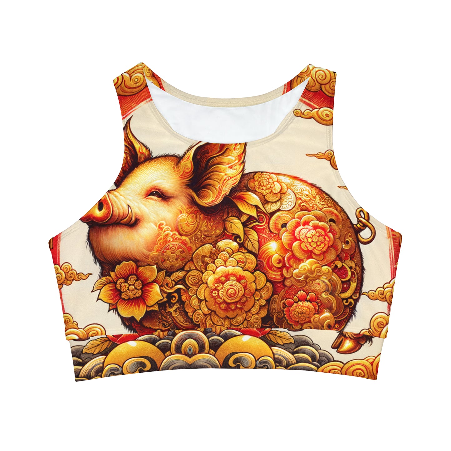 "Golden Prosperity: The Divine Boar Celebration" - High Neck Crop Top