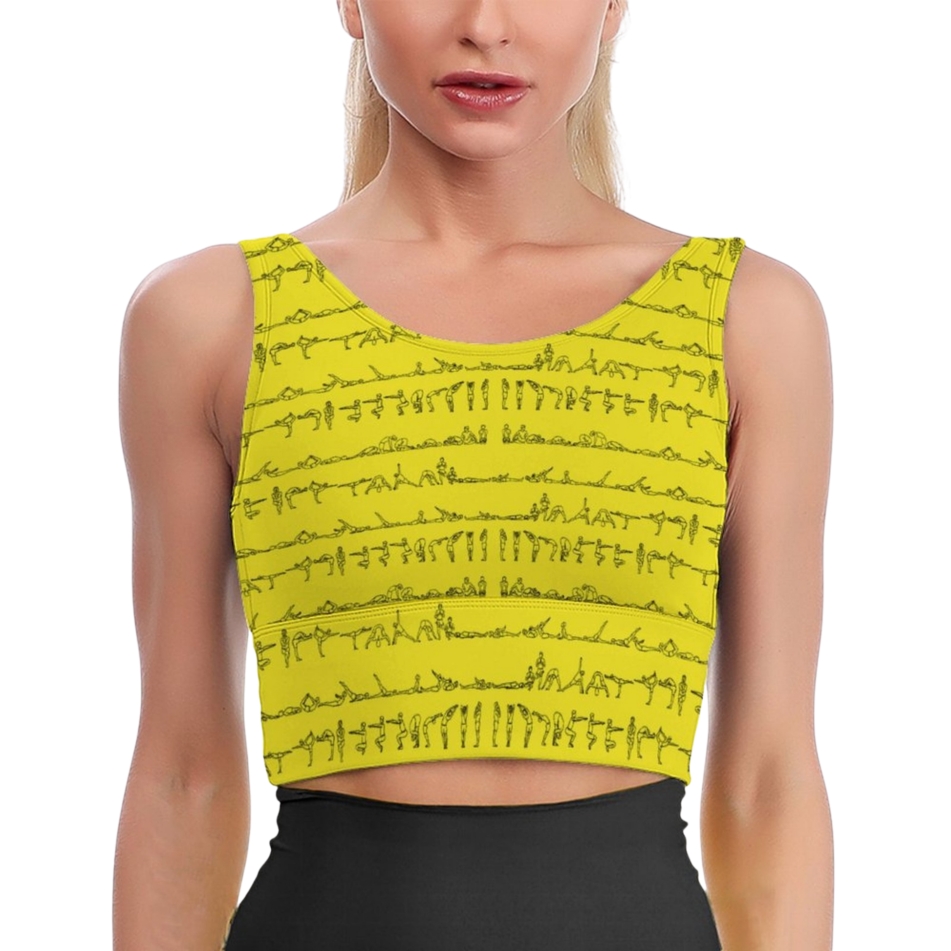 Bikram Series iSquared Crop Top with all-over yoga pose print, padded support, cropped fit, and U-back design