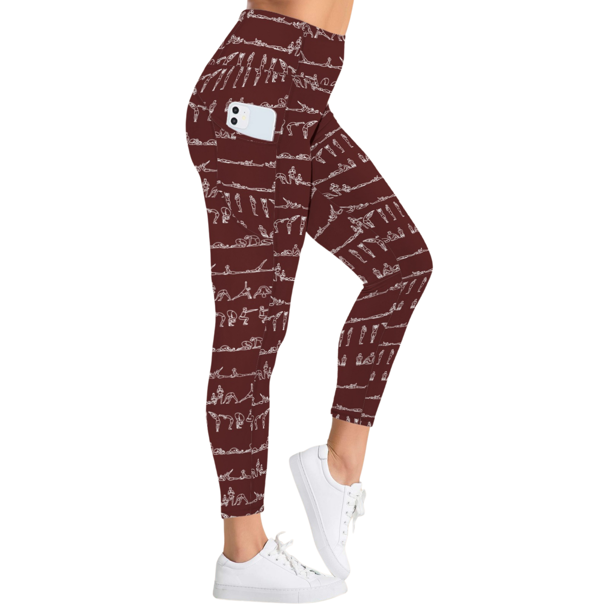 Bikram Ember pocket leggings in burgundy with white yoga pose design, high-rise fit, and side pocket, paired with white sneakers.