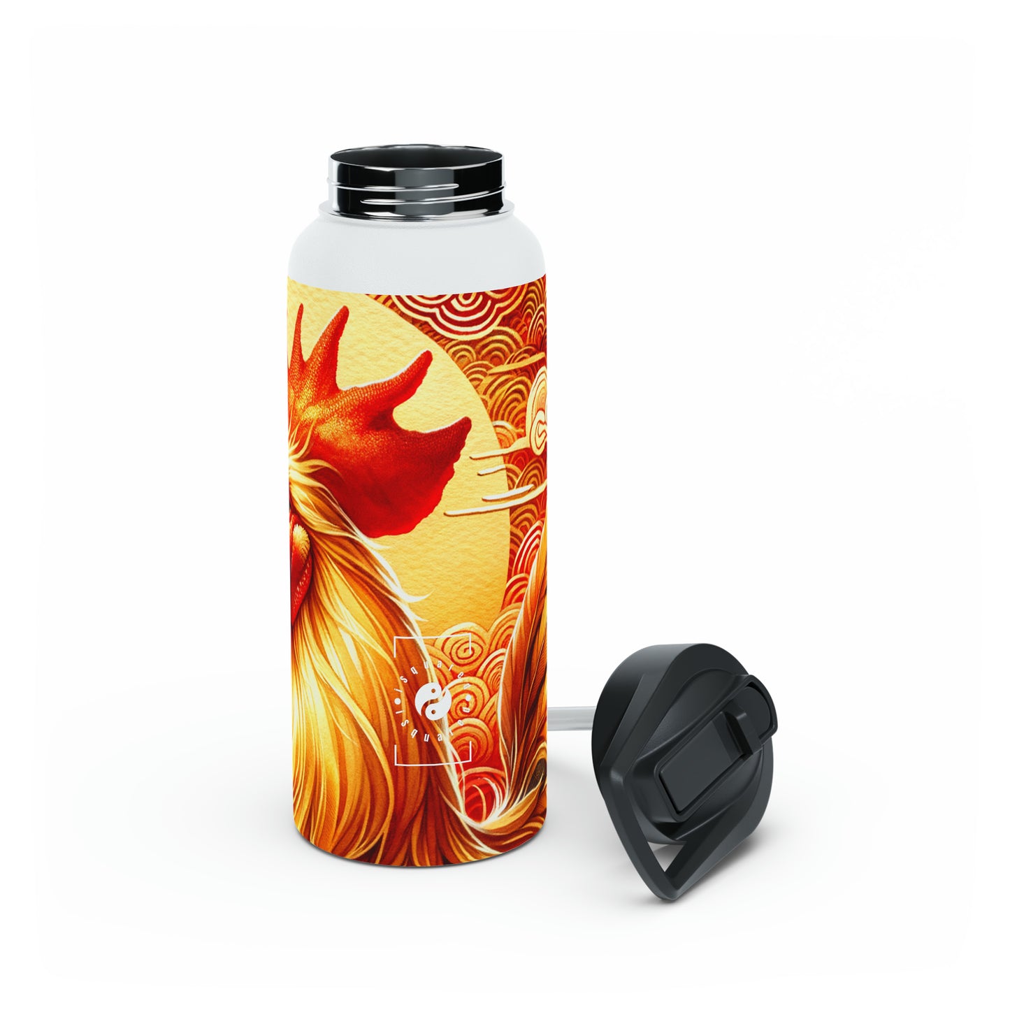 "Crimson Dawn: The Golden Rooster's Rebirth" - Water Bottle