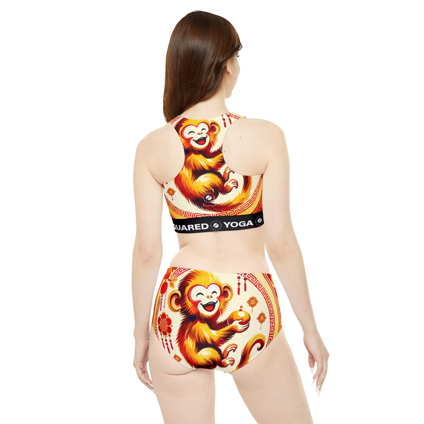 "Sérénité simienne dorée dans un éclat écarlate" - Ensemble de bikini de yoga chaud